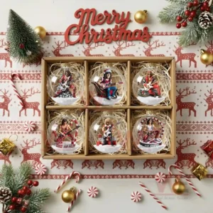 Van Halen Band Christmas Ornament 9 Gift box containing six clear Christmas ornaments each with a distinct guitar playing figure and seasonal decorations.