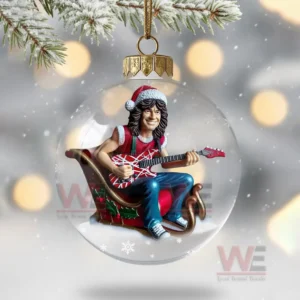 Van Halen Band Christmas Ornament 10 Clear ornament featuring a smiling guitarist in holiday attire with a patterned guitar and snowy accents.