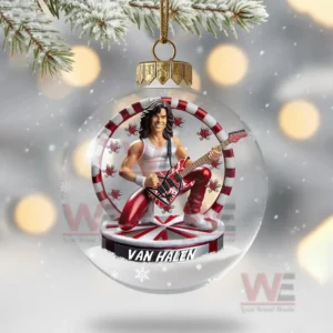 Van Halen Band Christmas Ornament 11 Clear ornament displaying a guitarist inside a candy cane ring with red white themed guitar and snowflakes.