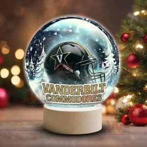 Vanderbilt Commodores LED Snow Globe Night Light Christmas Ornament 7 Holiday themed snow globe with Vanderbilt Commodores helmet on a white base near Christmas decorations!