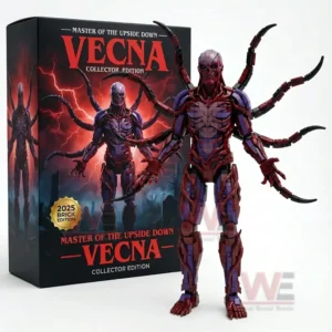 Brick built Vecna figure with extended tendrils and detailed body design displayed beside a dark supernatural themed collector edition box!