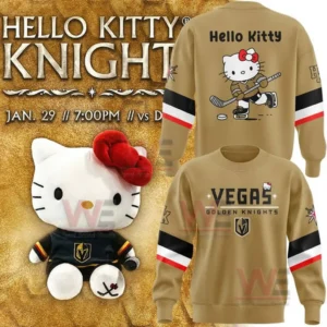 Gold crewneck sweatshirt shown front and back with Vegas Golden Knights text and logo on the front and Hello Kitty hockey player graphic on the back with matching plush character on a gold event background.
