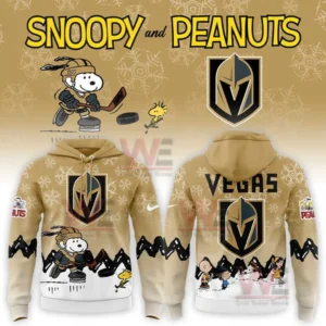Beige Vegas Golden Knights hoodie with Snoopy hockey graphic snowflake pattern and large team crest on front and back!