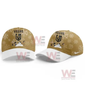 Two tan and white Vegas Golden Knights caps with snowflake pattern Vegas text team logo Peanuts characters and a white swoosh style logo shown from front and angled views.