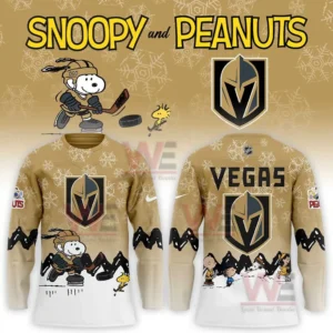 Front and back view of a tan and white Vegas Golden Knights long sleeve shirt with snowflake pattern large team logos Snoopy hockey artwork Peanuts characters and black zigzag sleeve accents.