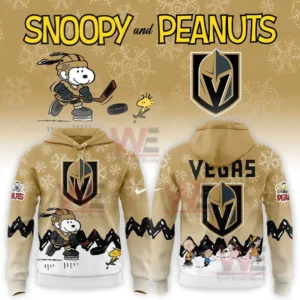 Tan holiday themed hoodie with Snoopy and Peanuts hockey artwork and Vegas Golden Knights branding shown in front and back views.