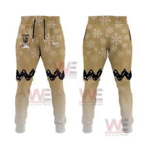 Tan jogger pants with snowflake print Vegas Golden Knights logo detail and black zigzag stripe shown in front and back views.
