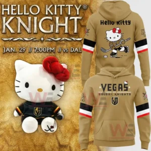Vegas Golden Knights Hello Kitty hoodie with front and back views featuring team branding and Hello Kitty hockey artwork plus a matching plush on a gold event poster background.