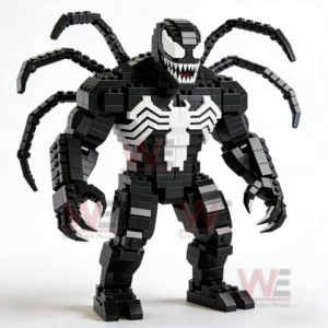 Black brick built monster figure with white spider symbol sharp teeth and back tentacles standing on a white background.