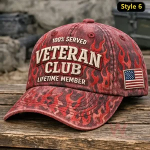 Red flame pattern cap with embroidered one hundred percent served veteran club lifetime member text and a USA flag patch on the side!