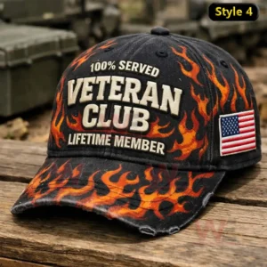 Black cap with orange flame design embroidered veteran club lifetime member text and a USA flag patch on the side!