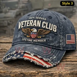 Blue denim cap with embroidered veteran club lifetime member text winged eagle emblem frayed brim with American flag detail and USA flag patch on the side!