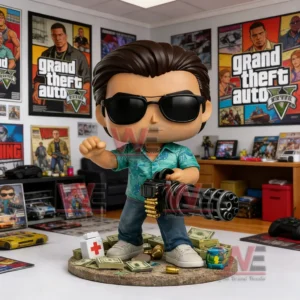 A stylized Vice City inspired action figure with sunglasses holding a heavy weapon displayed in a detailed collector room!