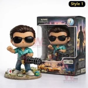 A Vice City themed collectible figure posed next to its collector edition box on a white background!