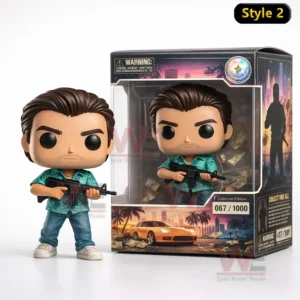 A Vice City inspired collectible figure holding a rifle displayed with its themed collector box!