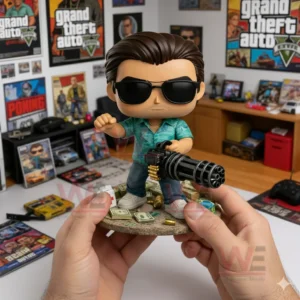 A hand held Vice City inspired collectible figure displayed in a game themed collector room!