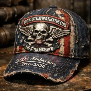 Distressed vintage baseball cap with a faded American flag pattern skull wing patch and two hundred fifty year anniversary seventeen seventy six to two thousand twenty six embroidery!