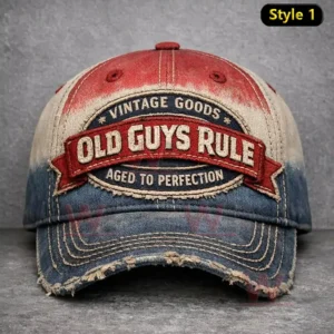 Distressed denim cap in red white and blue with a Vintage Goods Old Guys Rule Aged To Perfection embroidered patch and a frayed worn brim.