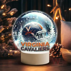 Illuminated snow globe with Virginia Cavaliers helmet in a snowy forest on a white base!