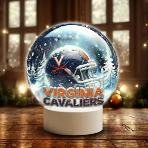 Virginia Cavaliers LED Snow Globe Night Light Christmas Ornament 6 Indoor snow globe with Virginia Cavaliers helmet and snowy trees on a white stand!