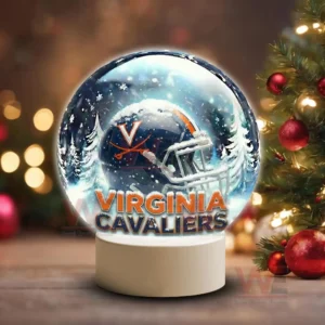 Virginia Cavaliers LED Snow Globe Night Light Christmas Ornament 7 Christmas themed snow globe with Virginia Cavaliers helmet on a white base near holiday decor!