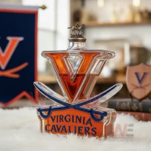 A V shaped whiskey bottle with crossed sabers and amber liquid stands on a white surface in a Virginia themed room.