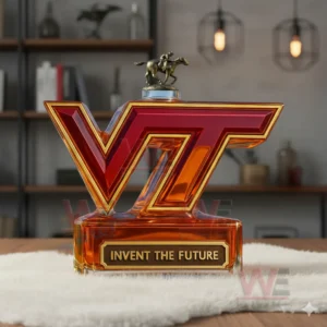 A VT shaped amber bottle with a horse rider top placed on a white furry surface in a room with shelves and warm lights!