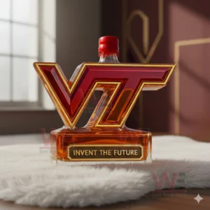 Virginia Tech Hokies Invent The Future Custom Whiskey Bottle 8 A VT shaped amber bottle with a red cap placed on a white mat near a bright window!