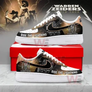A pair of custom sneakers with Warren Zeiders themed graphics and the phrase ride the lightning.