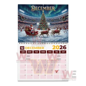 A festive winter stadium featuring Santa in a sleigh reindeer pulling forward and a brightly lit Christmas tree at midfield!