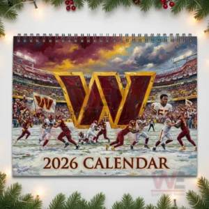 A dynamic football illustration showing a large team logo above athletes competing on a snow covered field surrounded by fans!
