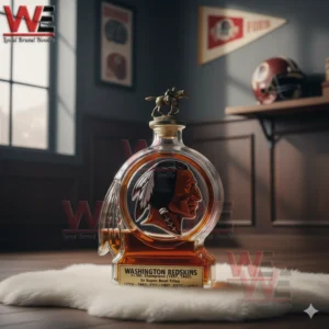Glass bottle with Washington team emblem placed on white fur in a sports display room!