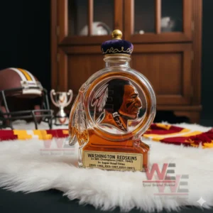 Washington Commanders NFL Champions Super Bowl Whiskey Decanter 5 Washington themed glass bottle on white fur with football items in the background!