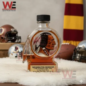 Washington Commanders NFL Champions Super Bowl Whiskey Decanter 7 Washington themed glass bottle on white fur with football gear in the background!
