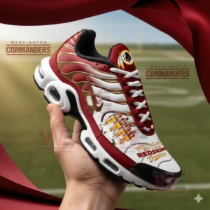 Red white and gold athletic sneaker with Washington Commanders theme and football player artwork!