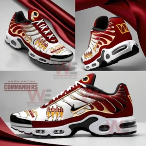 Washington Commanders Air Max Plus Shoes 3 Multiple angle view of red white and gold Washington Commanders themed athletic sneaker!