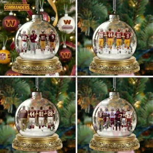 A glass Christmas ornament containing four Washington football legends standing together on a snowy base with team themed decorations behind them!