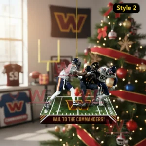 Washington Commanders Hail Mary against Chicago Bears ornament 5 Hanging football play ornament shown indoors with a Christmas tree and festive sports decorations!