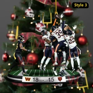 Washington Commanders Hail Mary against Chicago Bears ornament 6 Jump ball football ornament with multiple players in mid air set against a decorated Christmas tree!