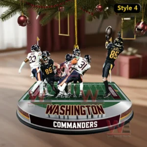 Washington Commanders Hail Mary against Chicago Bears ornament 7 Football catch ornament with one player elevated above others hanging among Christmas decorations!