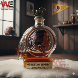 Washington Redskins 2x NFL & 3x Super Bowl Champions Bottle 5 Whiskey bottle with Washington Redskins emblem in front of wooden cabinet and football items!