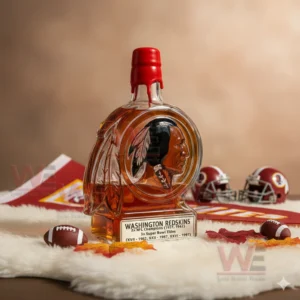 Washington Redskins 2x NFL & 3x Super Bowl Champions Bottle 6 Red capped Washington Redskins whiskey bottle on white fur with football decor in bright room!