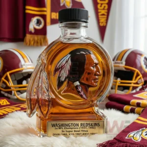 Washington Redskins 2x NFL & 3x Super Bowl Champions Bottle 7 Black capped Washington Redskins whiskey bottle on white fur with football helmets and scarf nearby!