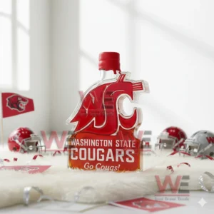 A red Cougars bottle shaped like the team logo topped with a golden crown cap displayed in a brightly lit room with paw print decor!