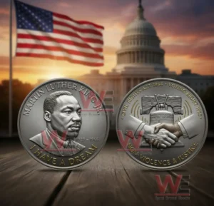 Memorial coins honoring Martin Luther King shown on a wooden surface with the American flag and Capitol building behind!