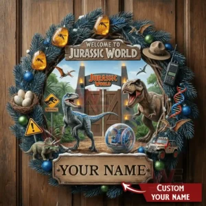 Christmas wreath with dinosaur figures park gate jungle scenery pine branches adventure decorations and holiday ornaments displayed on a wooden door!