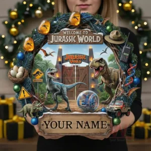 Welcom to Jurassic World Custom Christmas Decoration Wreath Ornament 3 Handheld Christmas wreath with dinosaurs park gate jungle elements pine branches adventure props and festive indoor background!