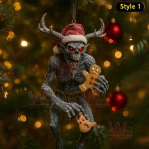 Antlered creature ornament wearing a Santa hat and holding gingerbread cookies on a Christmas tree!