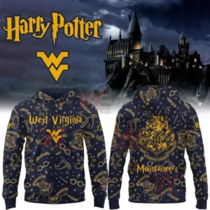 Alt text navy West Virginia Mountaineers themed hoodie with Hogwarts style all over print front West Virginia WV logo and back crest with Mountaineers text.