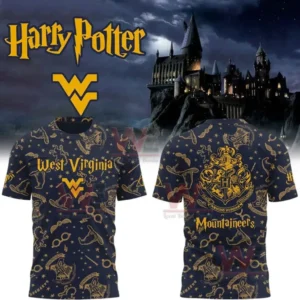 Alt text navy West Virginia Mountaineers themed t shirt with Hogwarts inspired all over print front West Virginia WV logo and back crest with Mountaineers text.